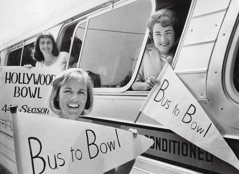 Valley volunteers of the Hollywood Bowl launch their annual “Bus to Bowl” program. June 28, 1965. (Los Angeles Public Library)
