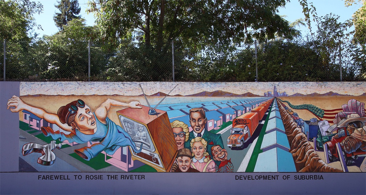 Judy Baca(c)1983, "Farewell to Rosie the Riveter" and "Development of Suburbia" detail from the 1950s section of <em class="notranslate">The Great Wall of Los Angeles</em> mural.