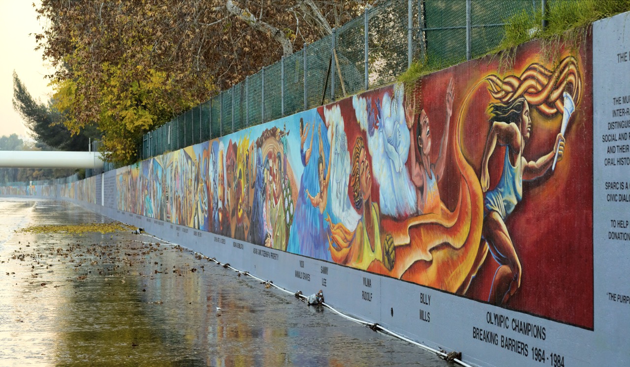 Judy Baca(c)1983, "Olympic Champions Breaking Barriers 1964-1984" detail from the 1950s section of <em class="notranslate">The Great Wall of Los Angeles</em> mural.